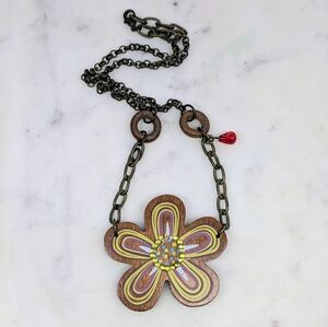 Boho Necklace With Large Wood Flower Pendant